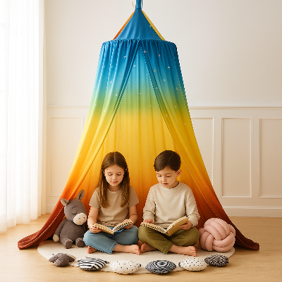 ciel de lit cabane enfants regardent livres